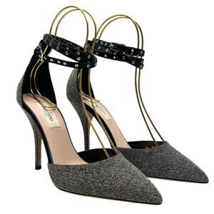 VALENTINO GARAVANI Glitter Ankle Strap Pumps EU 38 US 8 Silver Metallic Heels